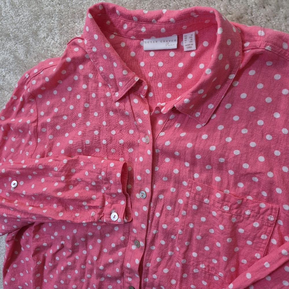 Susan Graver Shirt Women 1X Pink Polka Dot Linen Blend Button Up Beach Coastal